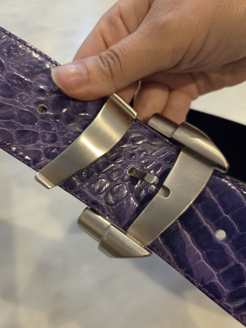 Versace Purple Croc-Texture Leather Belt with Brushed Metal Buckle